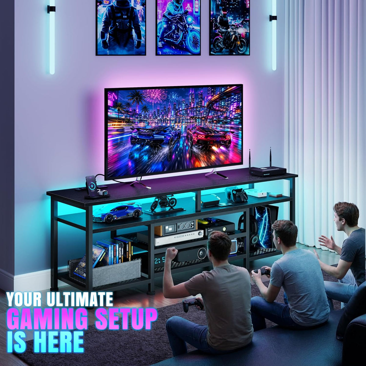 Korfile TV Stand for 70/75/80 inch TV, 71 in Entertainment Center with LED Lights and Power Outlets, TV Console Table with Open Shelves for Living Room and Bedroom, Black