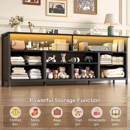 Korfile 55 Inch LED TV Stand for Bedroom, 6 Drawers Entertainment Center with Power Outlets for 50/55/60 Inch TV, Media Console Table with Shelves for Living Room & Hallway, PU Leather Surface, Black