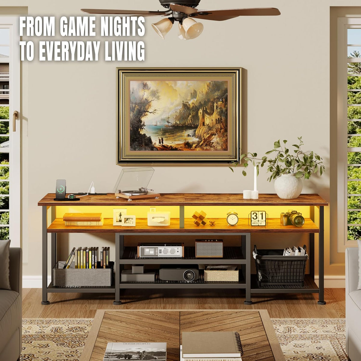 Korfile TV Stand for 70/75/80 inch TV, 71 in Entertainment Center with LED Lights and Power Outlets, TV Console Table with Open Shelves for Living Room and Bedroom, Rustic Brown