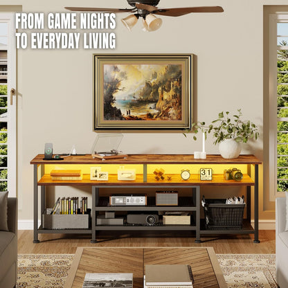 Korfile TV Stand for 70/75/80 inch TV, 71 in Entertainment Center with LED Lights and Power Outlets, TV Console Table with Open Shelves for Living Room and Bedroom, Rustic Brown