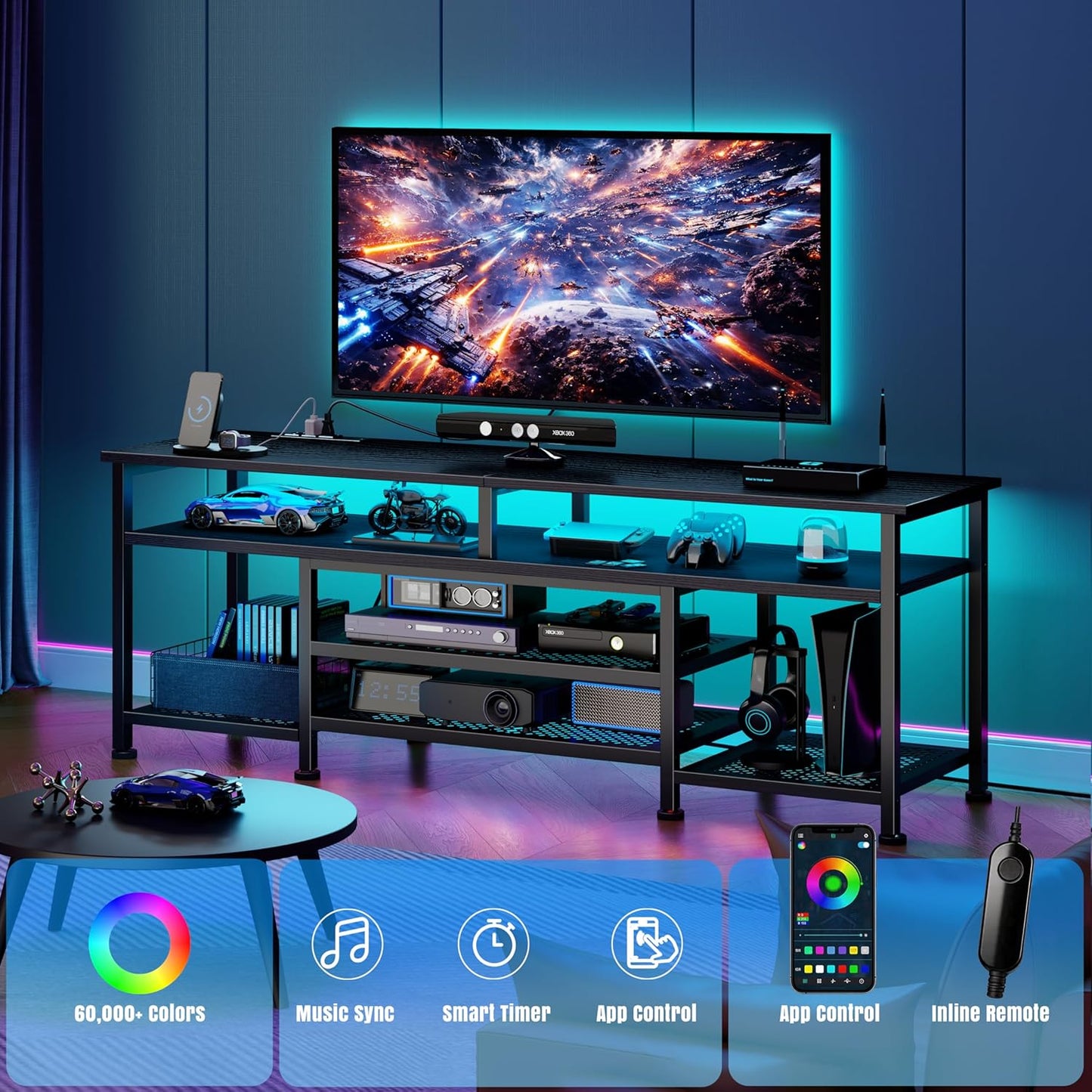 Korfile TV Stand for 60/65/70 inch TV, 63 in Entertainment Center with LED Lights and LED Lights, TV Console Table with Open Shelves for Living Room and Bedroom, Black