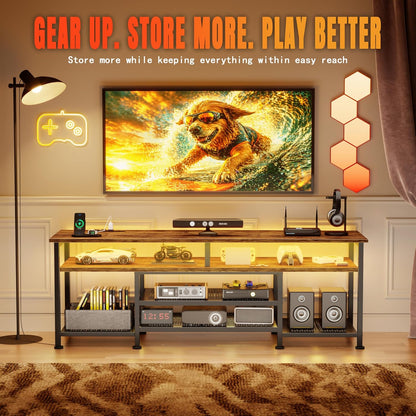 Korfile TV Stand for 70/75/80 inch TV, 71 in Entertainment Center with LED Lights and Power Outlets, TV Console Table with Open Shelves for Living Room and Bedroom, Rustic Brown