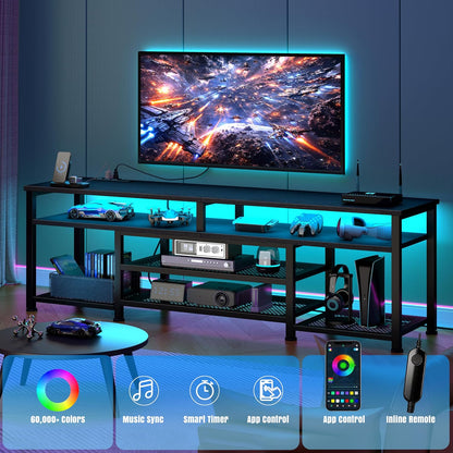 Korfile TV Stand for 65/75/80 inch TV, 71 in Entertainment Center with LED Lights and LED Lights, TV Console Table with Open Shelves for Living Room and Bedroom, Black