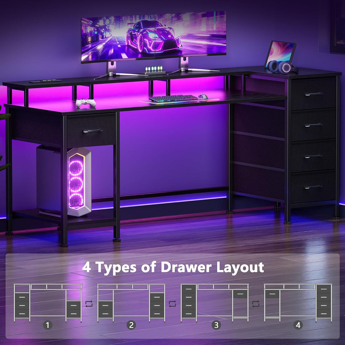 Korfile 61 Inch Gaming Computer Desk with Power Outlets,LED,5 Drawers,Black