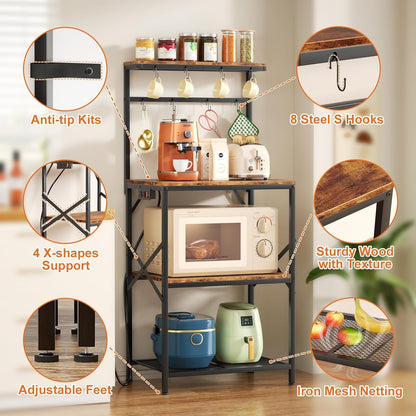4-Tier Kitchen Rack with Power Outlet - Microwave Stand, 8 Hooks for Spices & Coffee Station