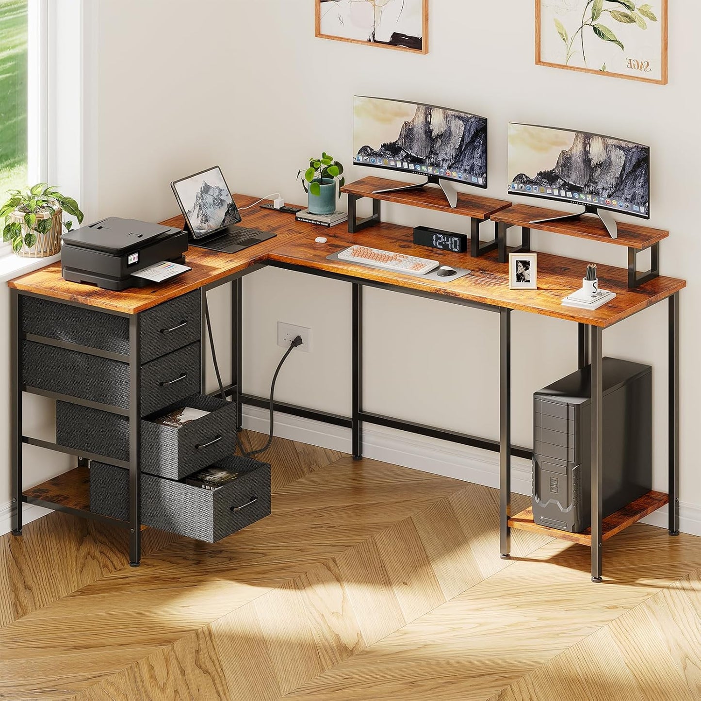 66" L Shaped Desk with Power Outlets - 4 Drawers, 2 Monitor Stands | Office & Gaming for 2
