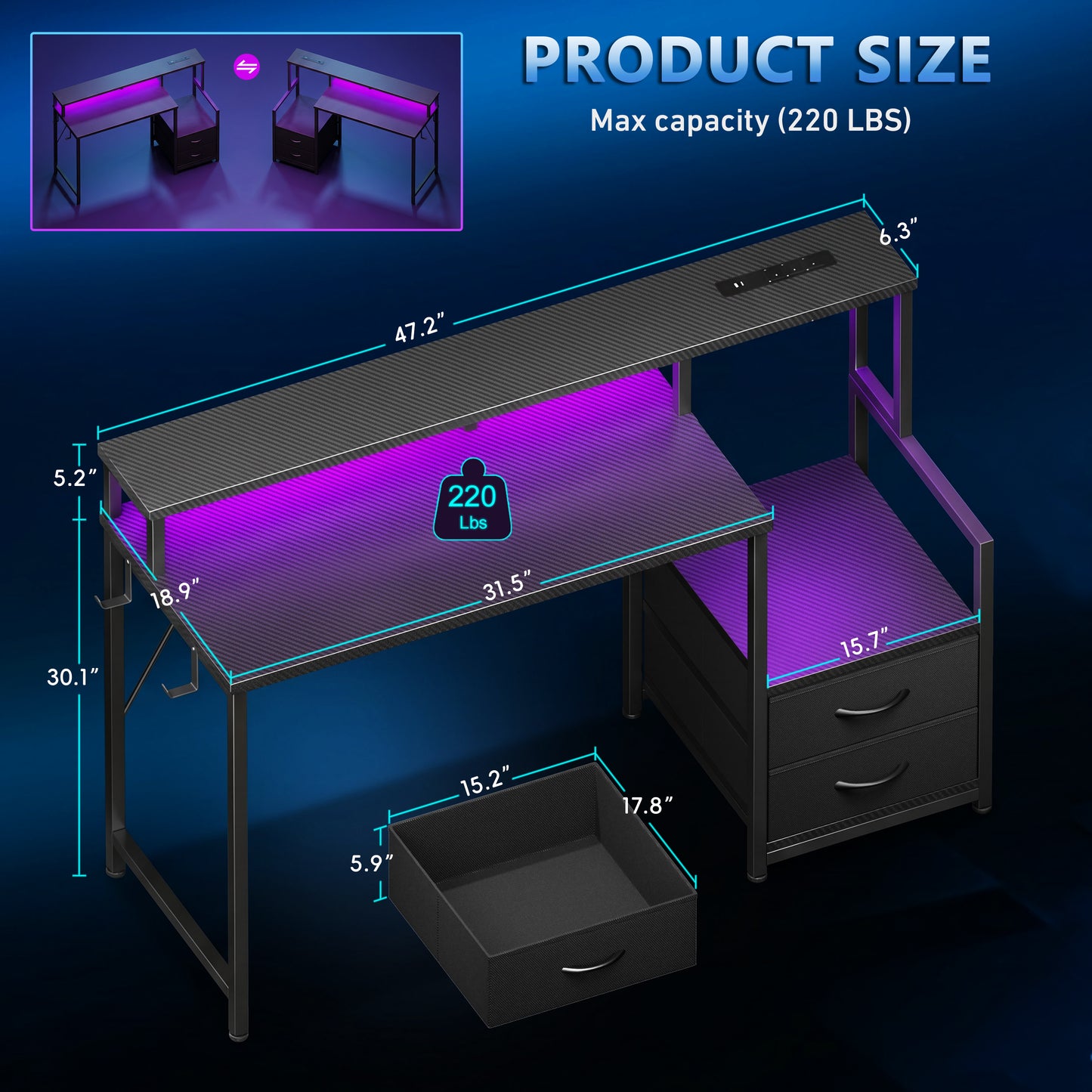 Korfile 47 inch Gaming Desk with Power Outlets & Storage Shelves, Reversible Computer Gaming Desk with Fabric Drawers and Monitor Stand, Corner Gaming Table for Home Office, Work, Writing, Gaming