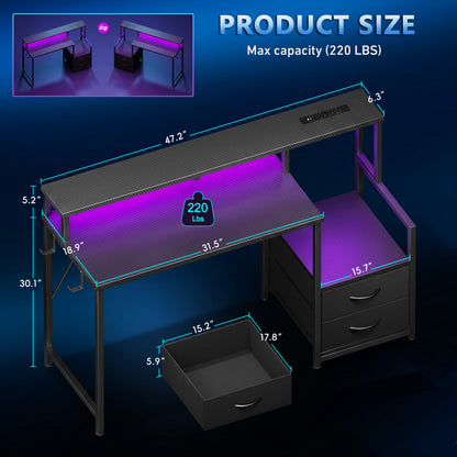 Korfile 47 inch Gaming Desk with Power Outlets & Storage Shelves, Reversible Computer Gaming Desk with Fabric Drawers and Monitor Stand, Corner Gaming Table for Home Office, Work, Writing, Gaming
