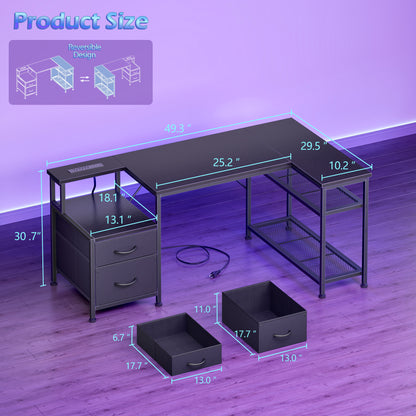 Korfile 49 Inch L Shaped Gaming Desk with Power Outlets, Black