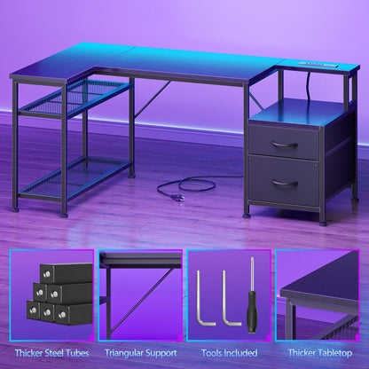 Korfile 49 Inch L Shaped Gaming Desk with Power Outlets, Black