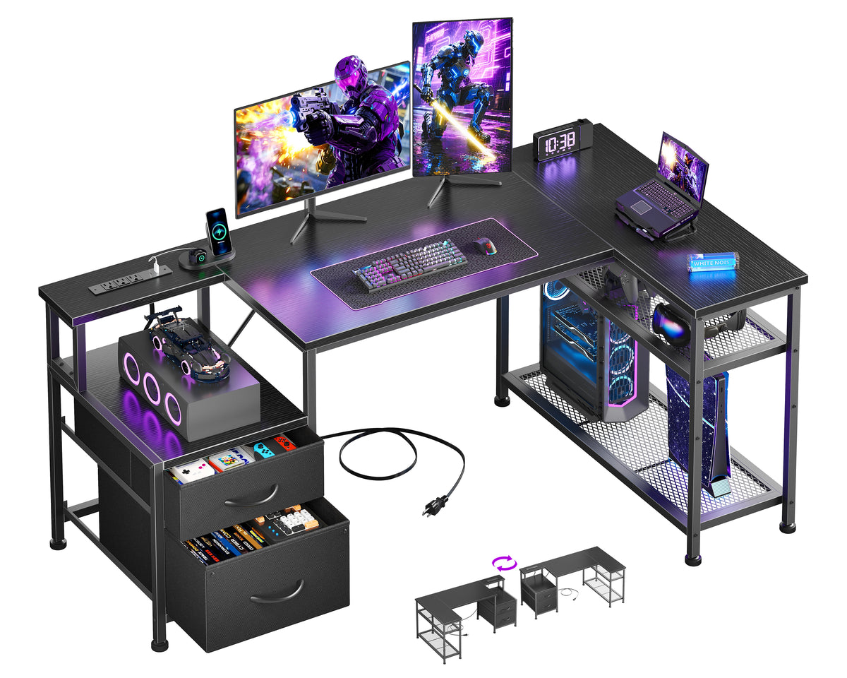Korfile 49 Inch L Shaped Gaming Desk with Power Outlets, Black
