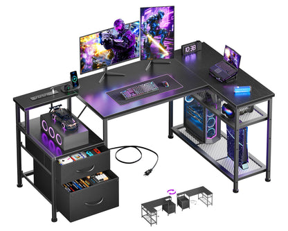Korfile 49 Inch L Shaped Gaming Desk with Power Outlets, Black