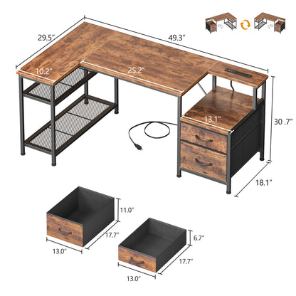 Korfile 49 Inch L Shaped Gaming Desk with Power Outlets, Rustic Brown