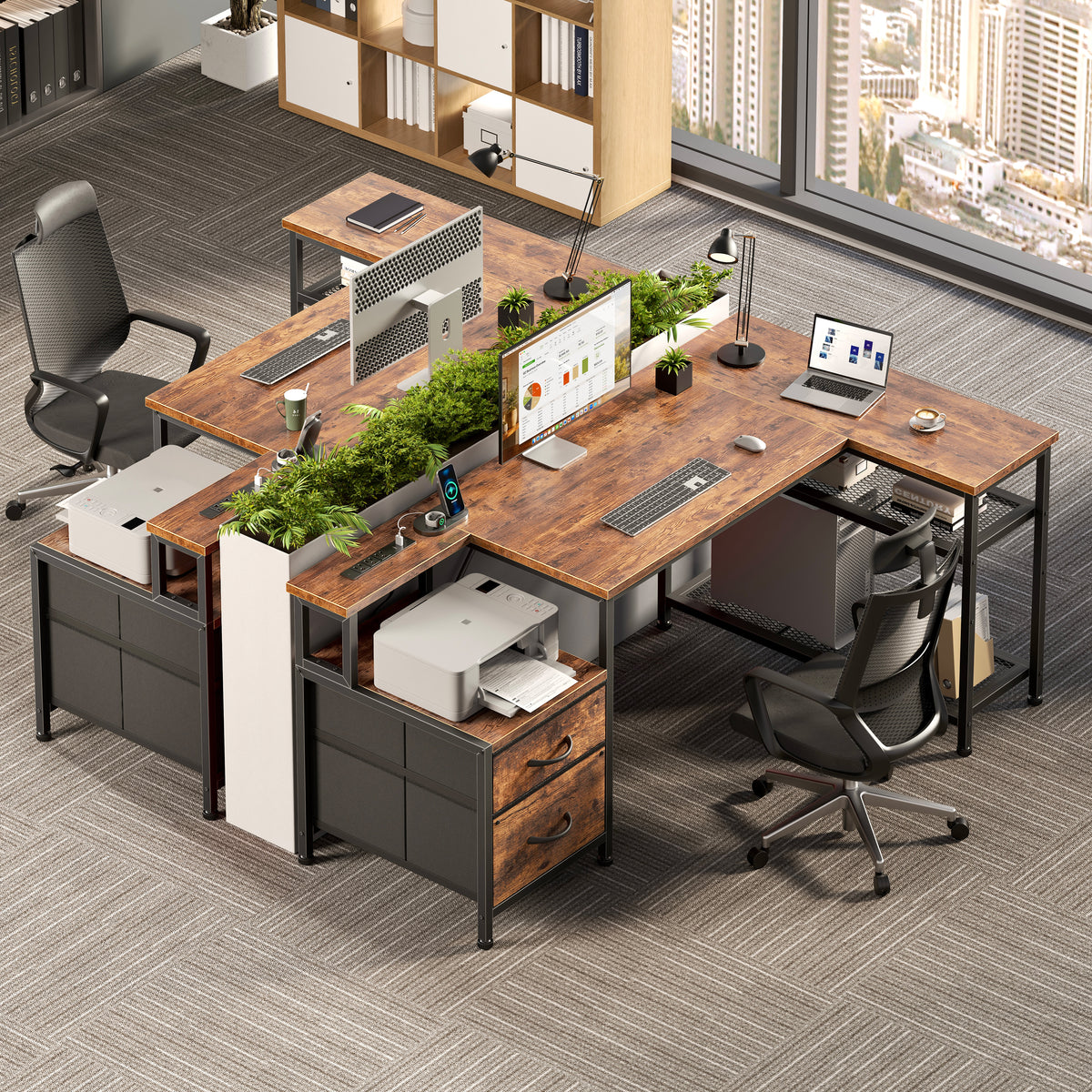 Korfile 49 Inch L Shaped Gaming Desk with Power Outlets, Rustic Brown