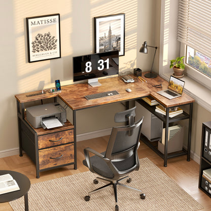 Korfile 49 Inch L Shaped Gaming Desk with Power Outlets, Rustic Brown