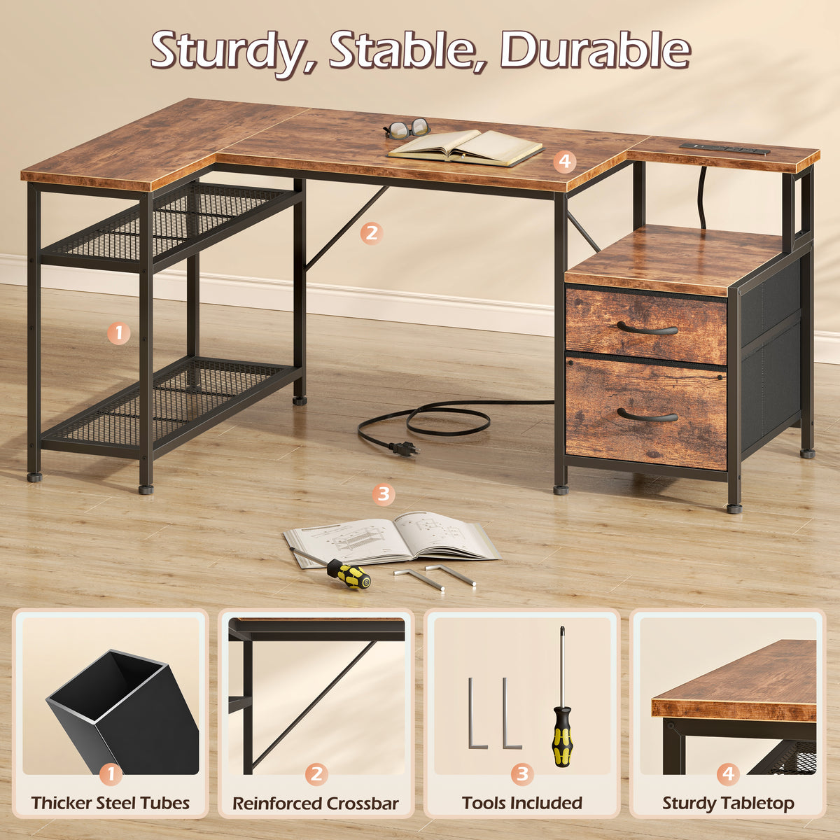 Korfile 49 Inch L Shaped Gaming Desk with Power Outlets, Rustic Brown
