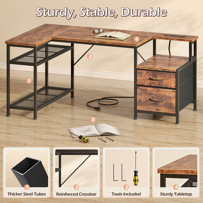 Korfile 49 Inch L Shaped Gaming Desk with Power Outlets, Rustic Brown