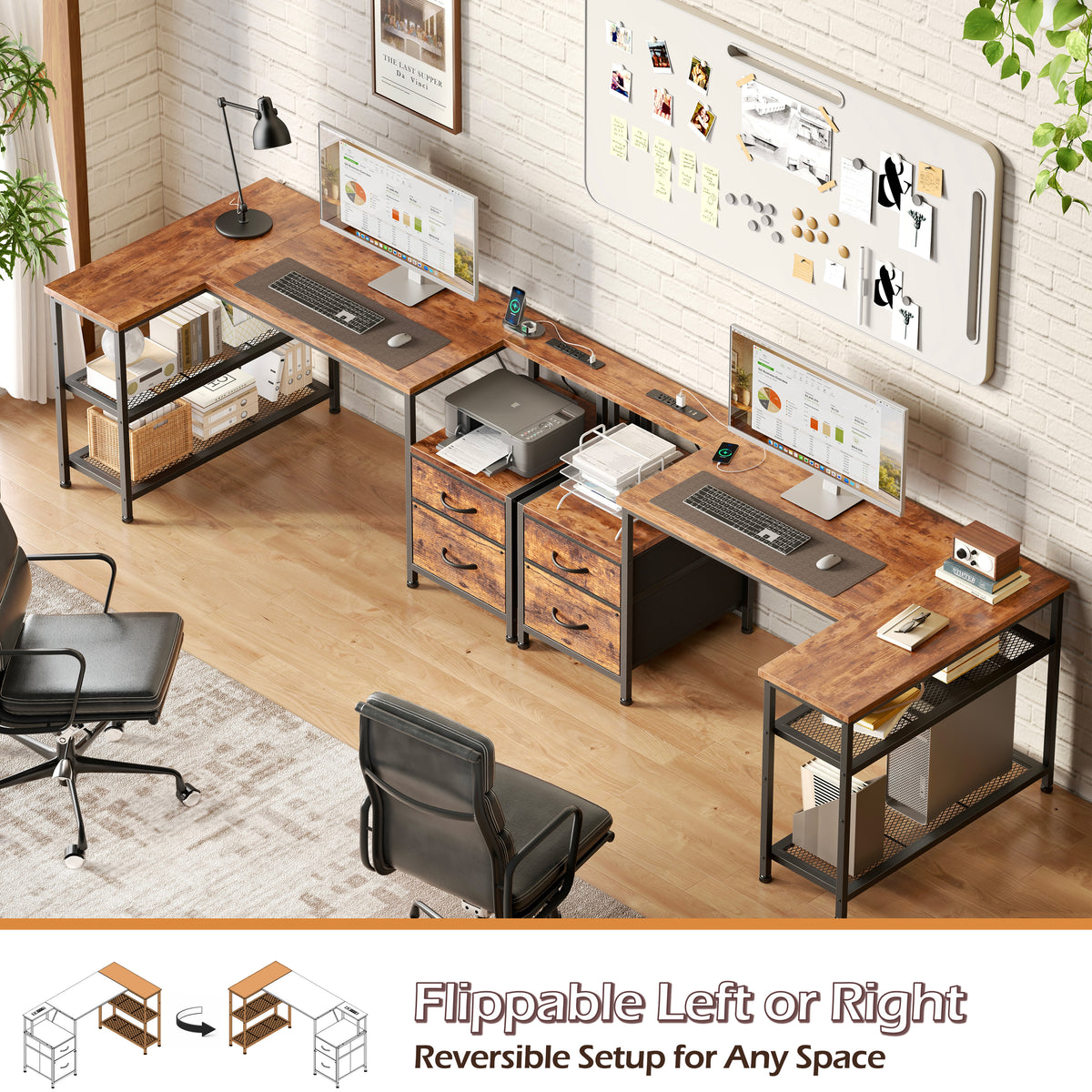 Korfile 49 Inch L Shaped Gaming Desk with Power Outlets, Rustic Brown