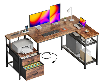 Korfile 49 Inch L Shaped Gaming Desk with Power Outlets, Rustic Brown