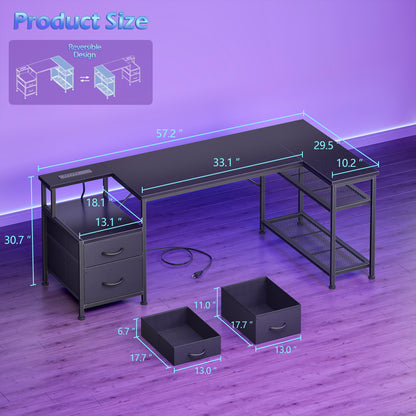 Korfile 57 Inch L Shaped Gaming Desk with Power Outlets, Black