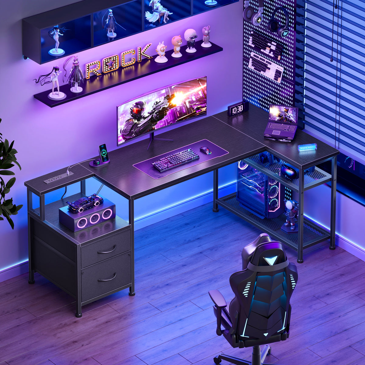 Korfile 57 Inch L Shaped Gaming Desk with Power Outlets, Black
