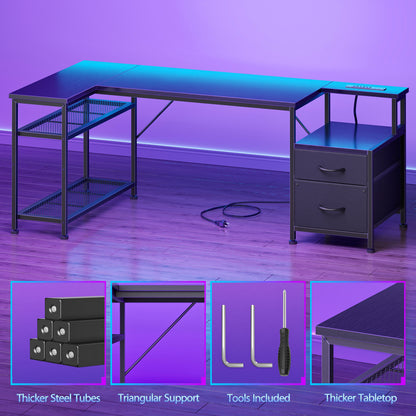Korfile 57 Inch L Shaped Gaming Desk with Power Outlets, Black