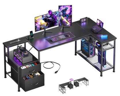 Korfile 57 Inch L Shaped Gaming Desk with Power Outlets, Black