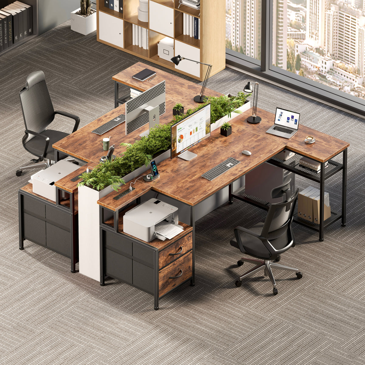 Korfile 57 Inch L Shaped Gaming Desk with Power Outlets, Rustic Brown