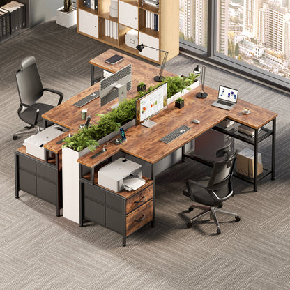 Korfile 57 Inch L Shaped Gaming Desk with Power Outlets, Rustic Brown