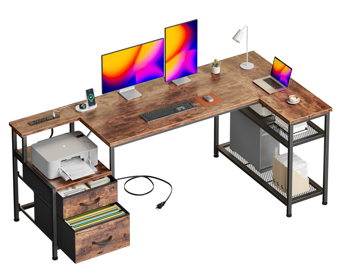 Korfile 57 Inch L Shaped Gaming Desk with Power Outlets, Rustic Brown