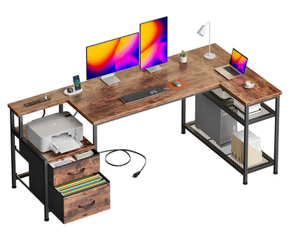 Korfile 57 Inch L Shaped Gaming Desk with Power Outlets, Rustic Brown