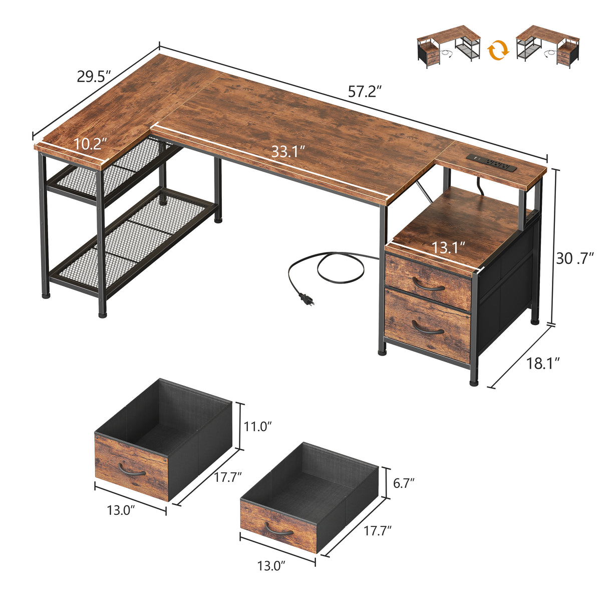 Korfile 57 Inch L Shaped Gaming Desk with Power Outlets, Rustic Brown