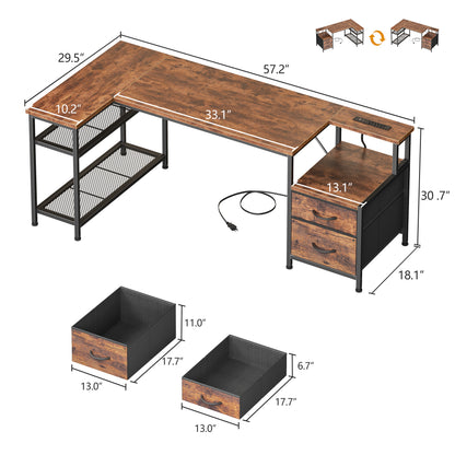 Korfile 57 Inch L Shaped Gaming Desk with Power Outlets, Rustic Brown