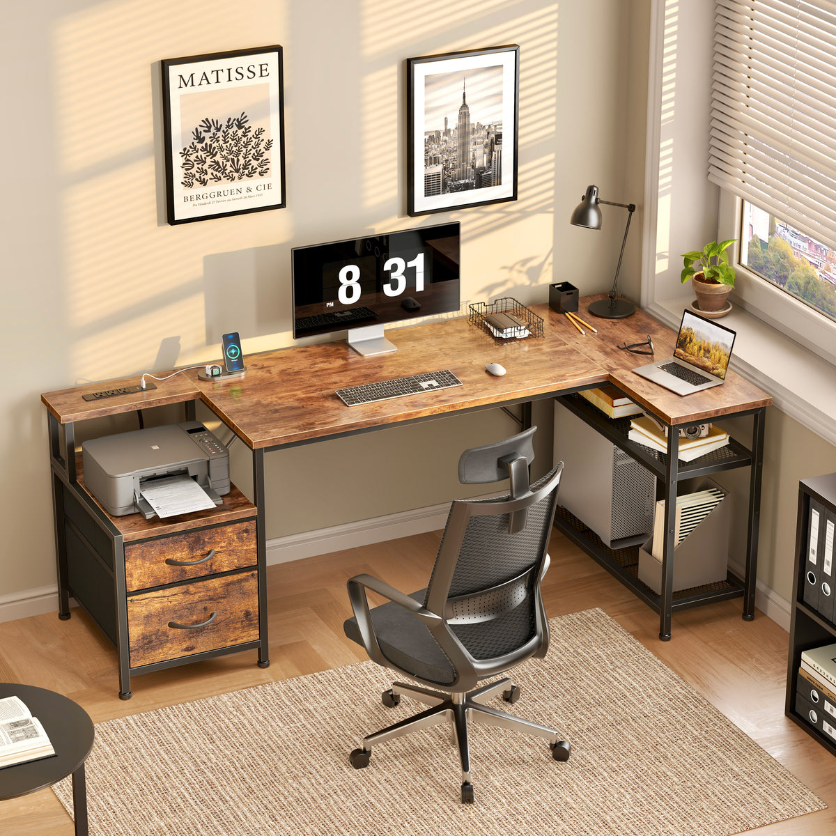 Korfile 57 Inch L Shaped Gaming Desk with Power Outlets, Rustic Brown