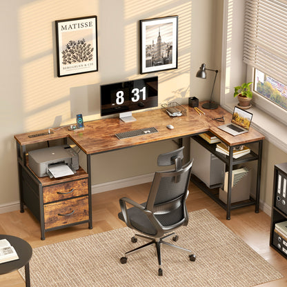 Korfile 57 Inch L Shaped Gaming Desk with Power Outlets, Rustic Brown