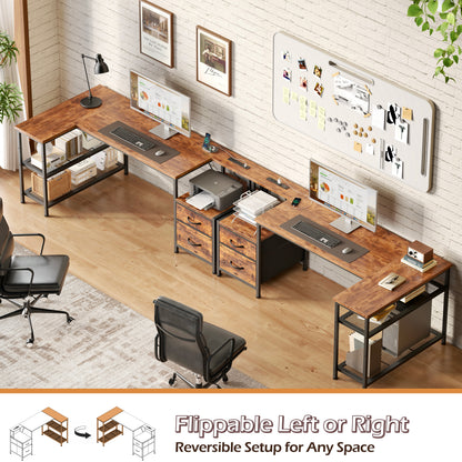 Korfile 57 Inch L Shaped Gaming Desk with Power Outlets, Rustic Brown