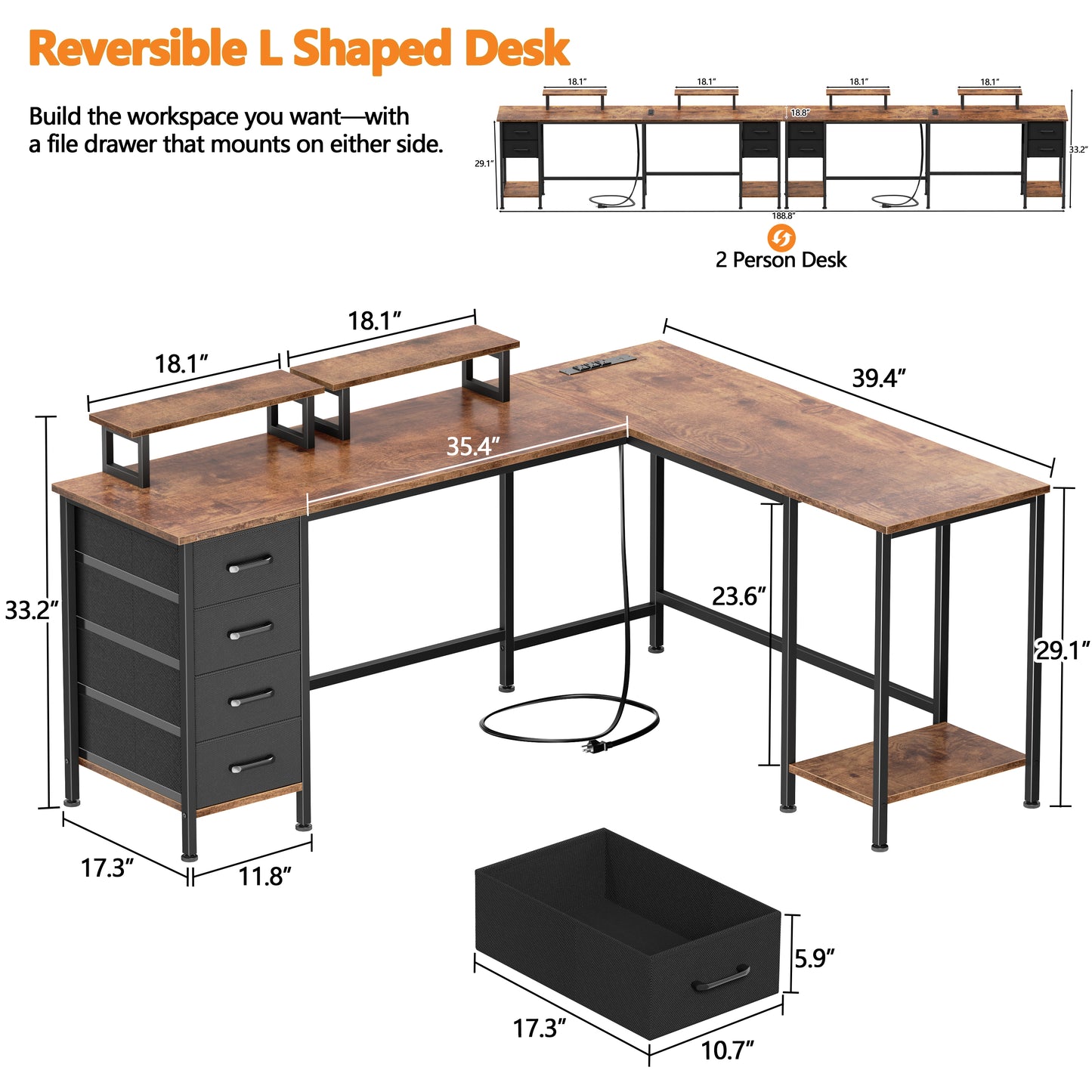 Korfile 66" L Shaped Computer Desk with Power Outlets, Home Office Desk with 4 Adjustable Storage Drawers & 2 Monitor Stands, Large Two Person Gaming Table for Writing Study, Rustic Brown