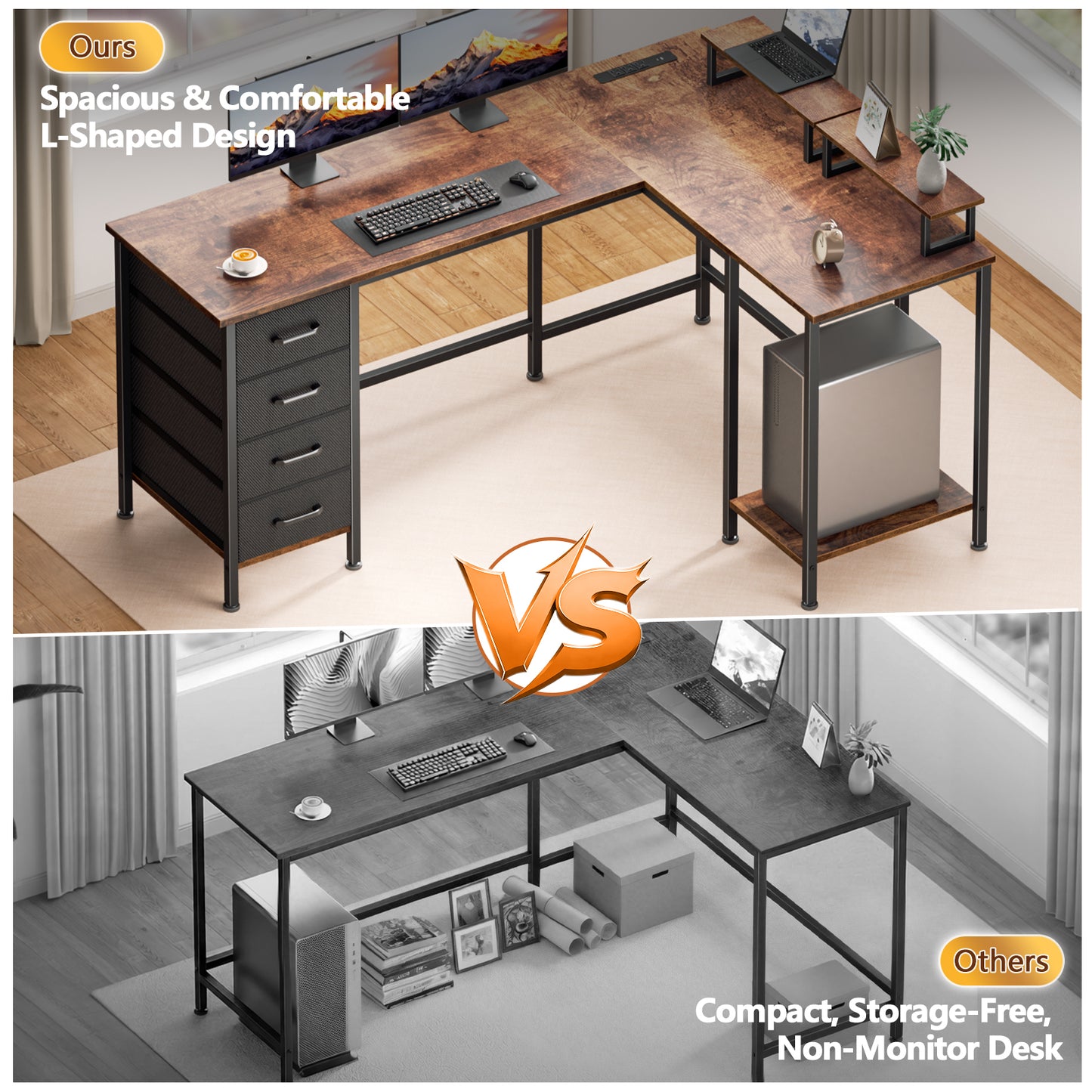 Korfile 59 inch L Shaped Computer Desk with Power Outlets, Home Office Desk with 4 Adjustable Storage Drawers & 2 Monitor Stands, Two Person Gaming Table for Bedroom, Rustic Brown