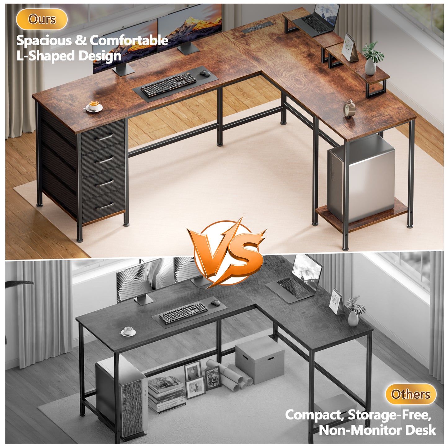 Korfile 66" L Shaped Computer Desk with Power Outlets, Home Office Desk with 4 Adjustable Storage Drawers & 2 Monitor Stands, Large Two Person Gaming Table for Writing Study, Rustic Brown