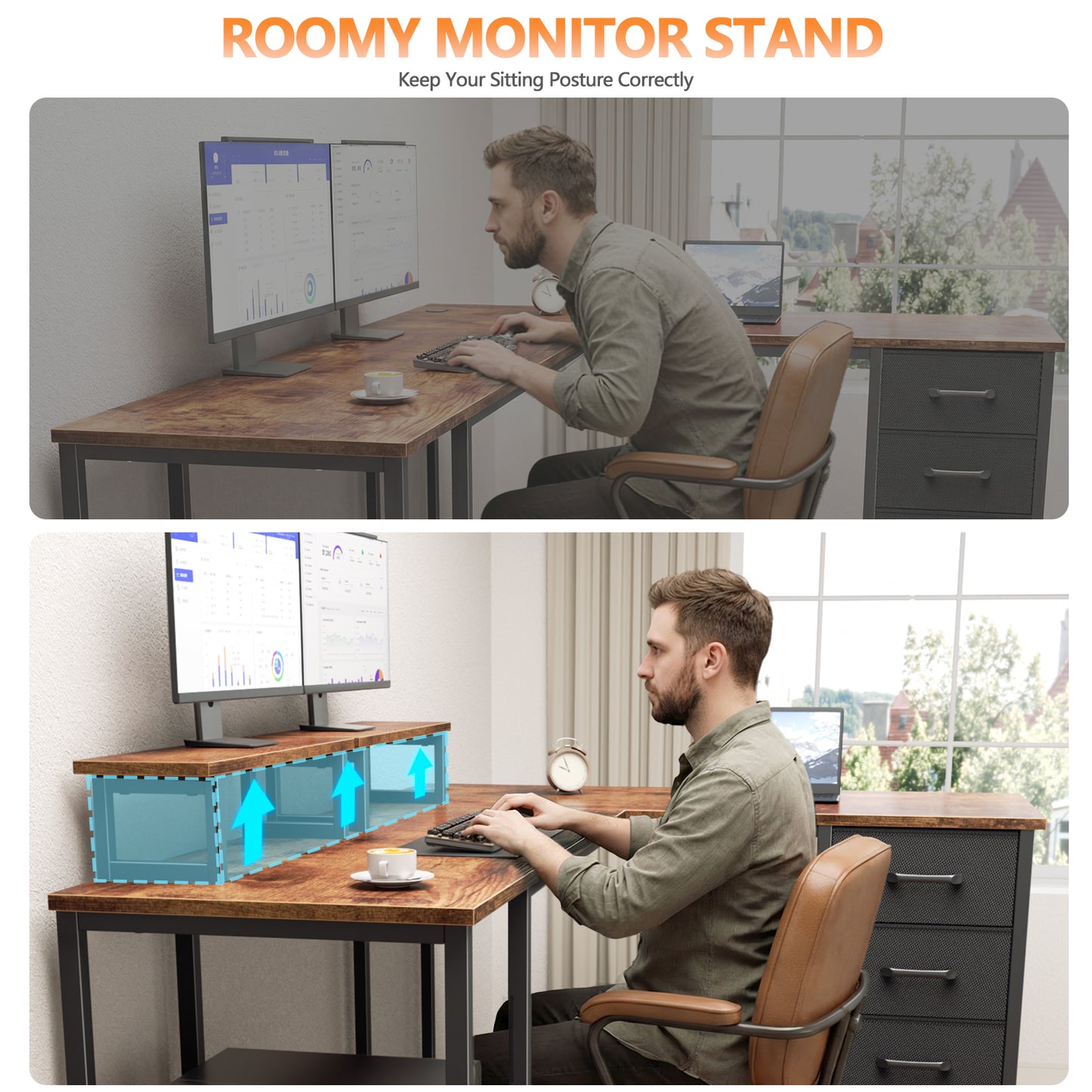 Korfile 59 inch L Shaped Computer Desk with Power Outlets, Home Office Desk with 4 Adjustable Storage Drawers & 2 Monitor Stands, Two Person Gaming Table for Bedroom, Rustic Brown