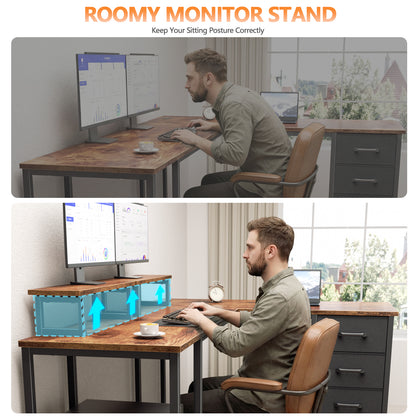Korfile 59 inch L Shaped Computer Desk with Power Outlets, Home Office Desk with 4 Adjustable Storage Drawers & 2 Monitor Stands, Two Person Gaming Table for Bedroom, Rustic Brown