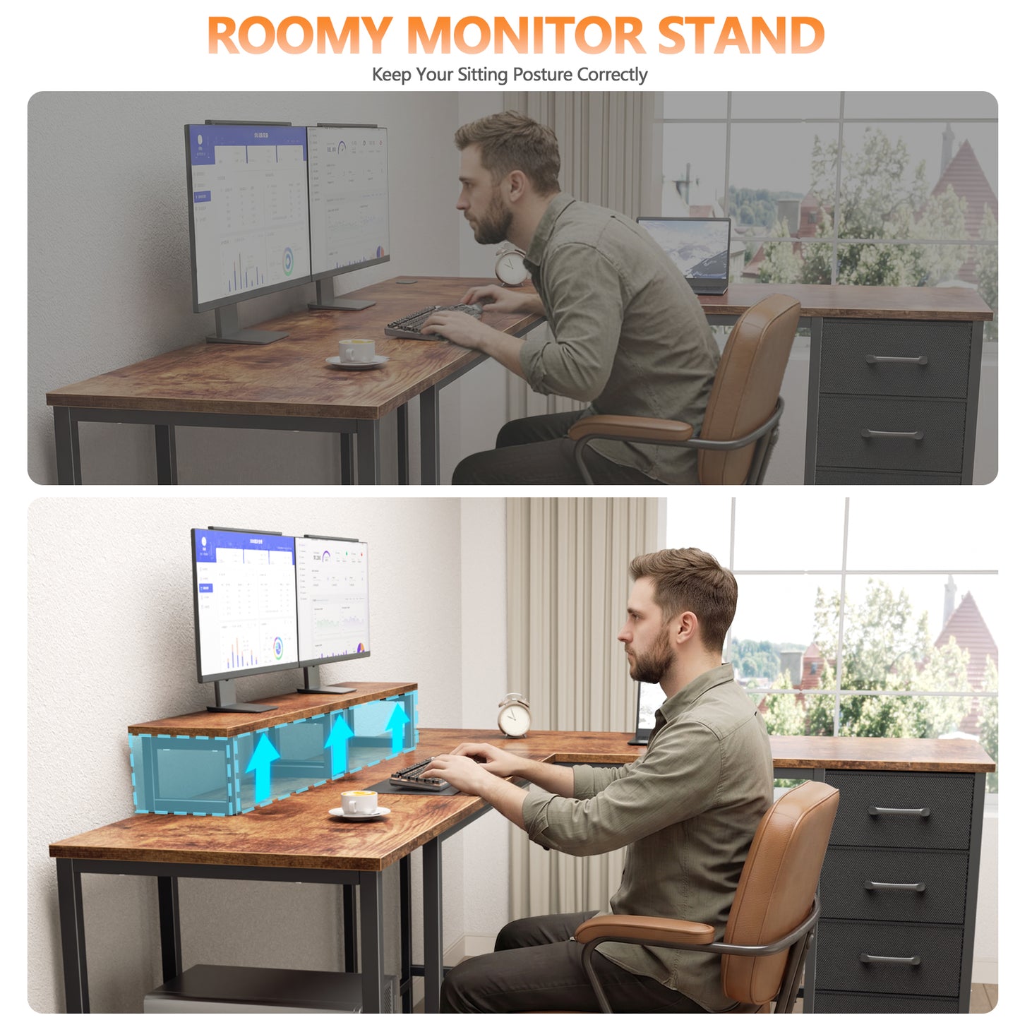 Korfile 66" L Shaped Computer Desk with Power Outlets, Home Office Desk with 4 Adjustable Storage Drawers & 2 Monitor Stands, Large Two Person Gaming Table for Writing Study, Rustic Brown