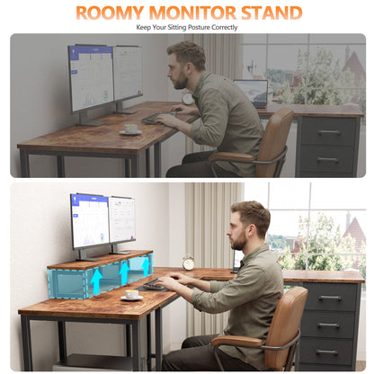Korfile 66" L Shaped Computer Desk with Power Outlets, Home Office Desk with 4 Adjustable Storage Drawers & 2 Monitor Stands, Large Two Person Gaming Table for Writing Study, Rustic Brown