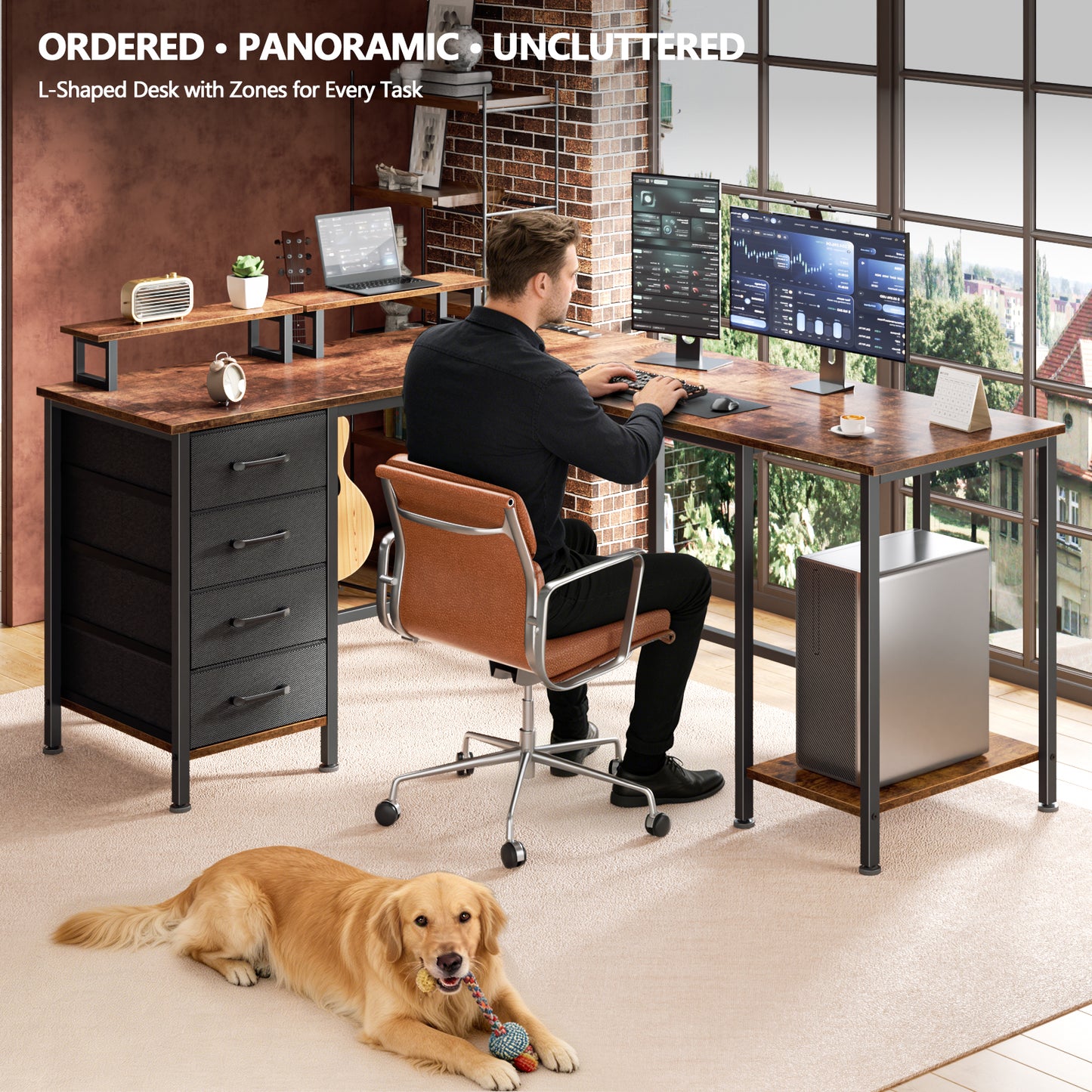 Korfile 59 inch L Shaped Computer Desk with Power Outlets, Home Office Desk with 4 Adjustable Storage Drawers & 2 Monitor Stands, Two Person Gaming Table for Bedroom, Rustic Brown