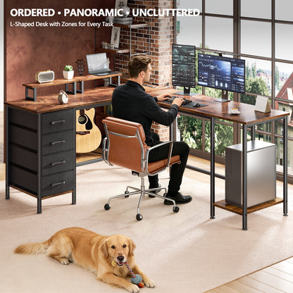 Korfile 66" L Shaped Computer Desk with Power Outlets, Home Office Desk with 4 Adjustable Storage Drawers & 2 Monitor Stands, Large Two Person Gaming Table for Writing Study, Rustic Brown