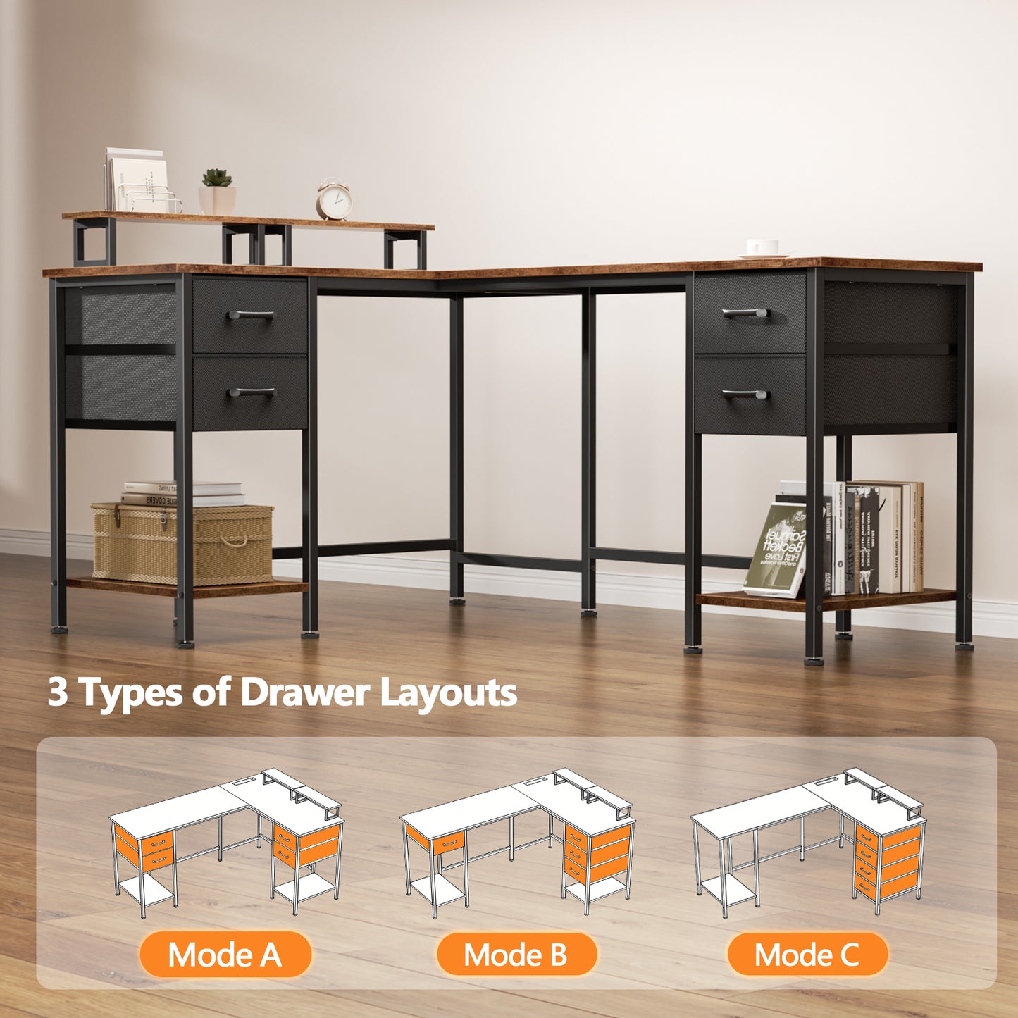 Korfile 59 inch L Shaped Computer Desk with Power Outlets, Home Office Desk with 4 Adjustable Storage Drawers & 2 Monitor Stands, Two Person Gaming Table for Bedroom, Rustic Brown