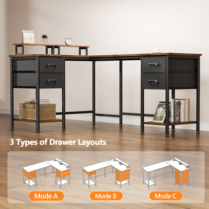 Korfile 59 inch L Shaped Computer Desk with Power Outlets, Home Office Desk with 4 Adjustable Storage Drawers & 2 Monitor Stands, Two Person Gaming Table for Bedroom, Rustic Brown
