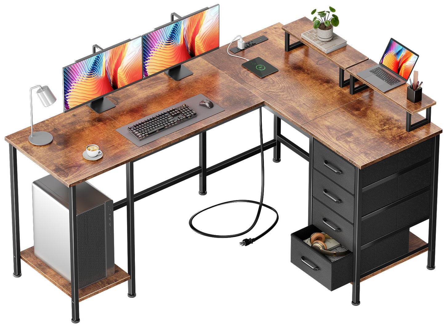 Korfile 59 inch L Shaped Computer Desk with Power Outlets, Home Office Desk with 4 Adjustable Storage Drawers & 2 Monitor Stands, Two Person Gaming Table for Bedroom, Rustic Brown