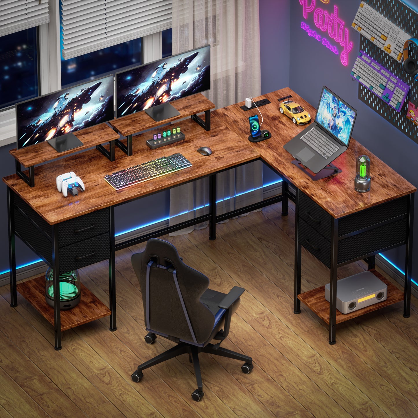 Korfile 59 Inch Brown L Shaped Computer Desk with Charging Station Two Person Gaming Desk 4 Drawers 2 Monitor Stands Home Office Corner Workstation