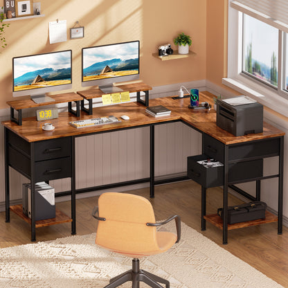 Korfile 59 Inch Brown L Shaped Computer Desk with Charging Station Two Person Gaming Desk 4 Drawers 2 Monitor Stands Home Office Corner Workstation